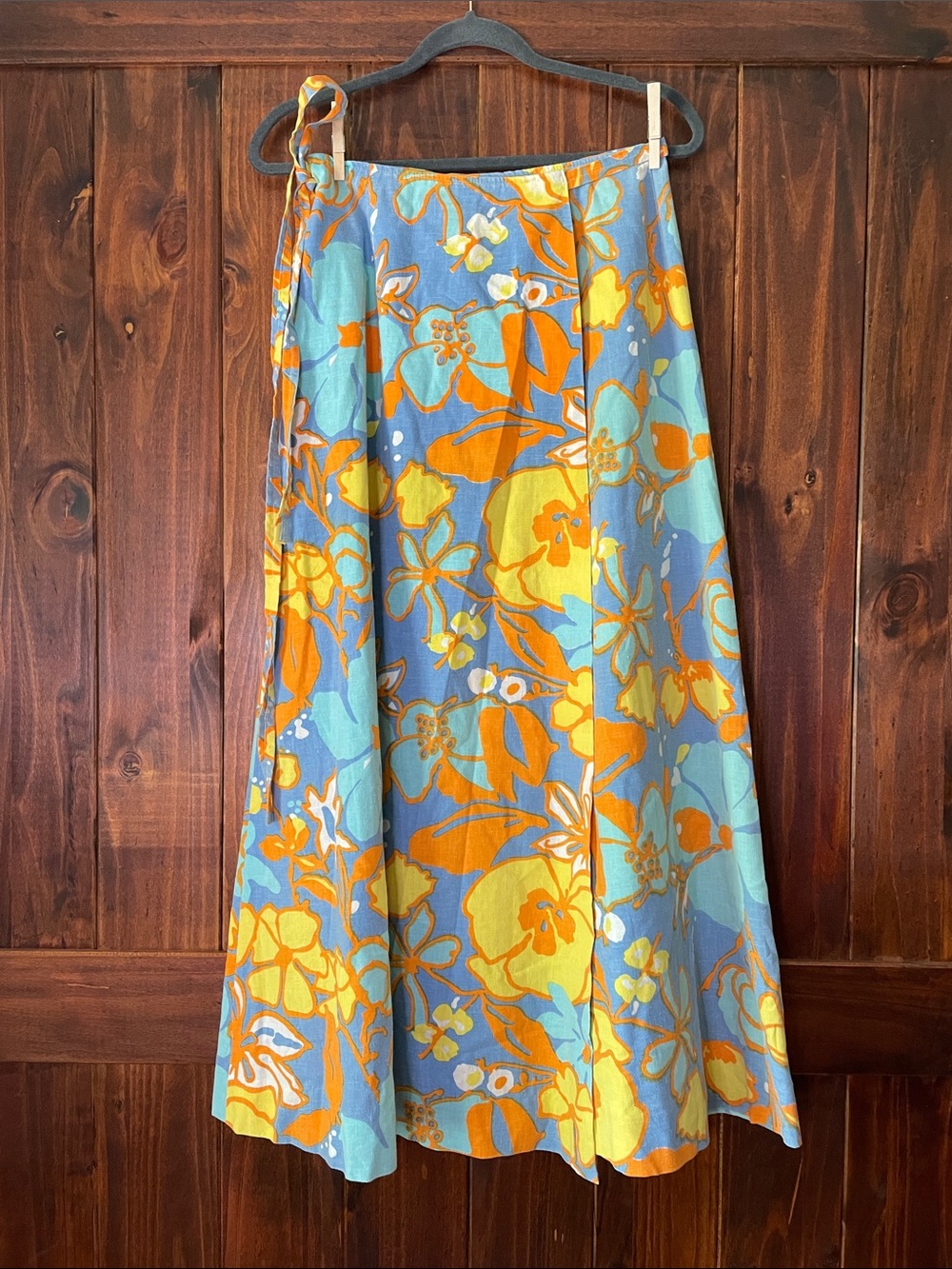 Vintage Hand Tailored Floral A-Line Wrap Maxi Skirt in Blue, Yellow & Orange